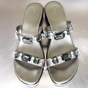 Athena Alexander Embellished Metallic Slide Leather Sandals - Silver